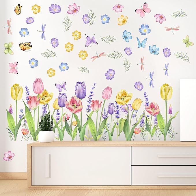 Eersida 6 Sheets Spring Wall Stickers Flower Decals Lavender Tulip Butterfly Spring Flower Wall Clings Art Garden Decorations for Living Room Bedroom Home