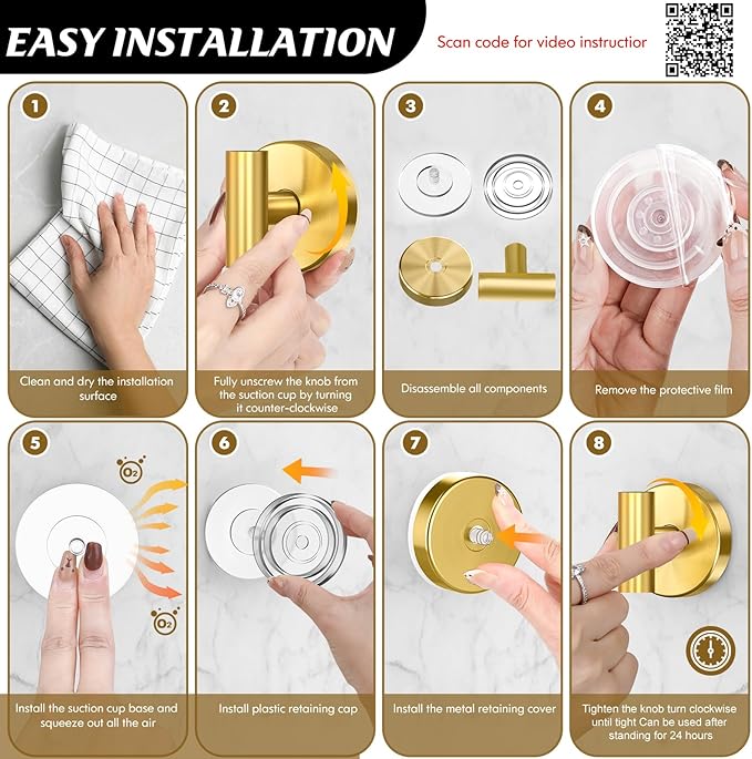 Suction Cup Hooks for Shower,Heavy Duty Shower Towel Suction Hooks,No Drill Wall Mounted Towel Hooks for Bathrooms Wall,Kitchen,Glass,Mirror,Tile to Hang Towels,Robes,Coat-Gold(4 Pack)