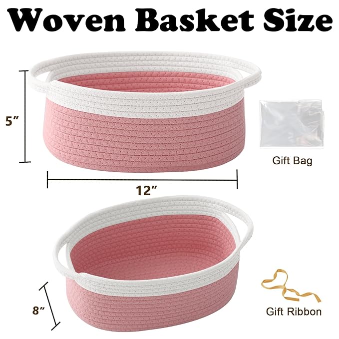 Small Woven Rope Basket-Empty Gifts Basket with Bag and Ribbons,Cute Handle Organizer Box for Birthday/Baby Shower, Toy Storage, Nursery Organizing & Shelf Decor(White&Pink)