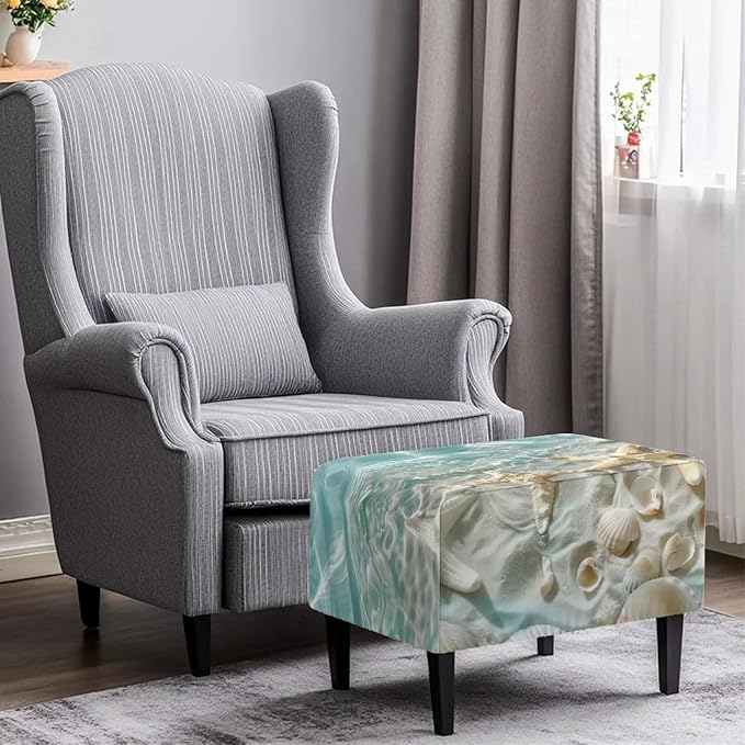 Ottoman Cover Rectangular Beach Starfish Thick Ottoman Slipcovers Elastic Nonslip Folding Storage Footrest Stool Cover Easy to Install Furniture Protector for Foot Stool Decor