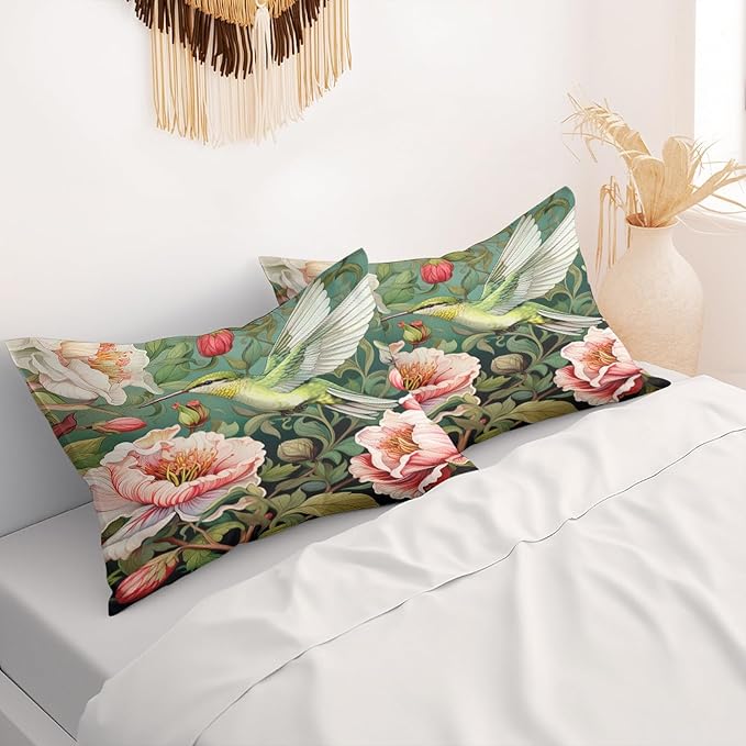 William Morris Pillow Protectors with Zipper Standard Size Hummingbird Print Pillow Covers Set of 2 Vintage Spring Floral Botanical Pillowcases Mid Century Modern Bed Pillow Covers 36"X20"