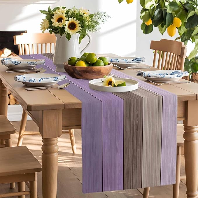 Farmhouse Cotton Linen Table Runner Dresser Scarf Retro Rustic Barn Wood Texture Ombre Lavender Purple Brown Non-Slip Rectangle Settings Decoration for Kitchen Home Dining Holiday,72 inches Long