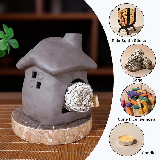 House Palo Santo Burner - Mini Ceramic Chiminea Holder with Stable Base | Perfect for Burning Sage, Incense Cones & Essential for Zen Altars, Meditation, Yoga, Home Decor & Thoughtful Gifts.