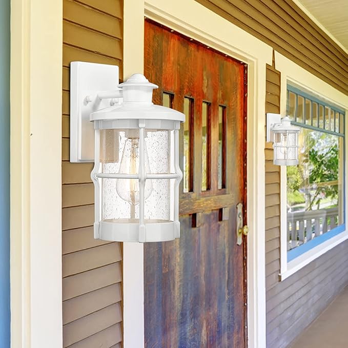 Outdoor Wall Sconces, Outdoor Wall Lights, Exterior Wall Mount Lighting, Modern Wall Light Fixture in White Finish with Seeded Glass for Front Porch, Entryway, Garage, Backyard, 2 Pac