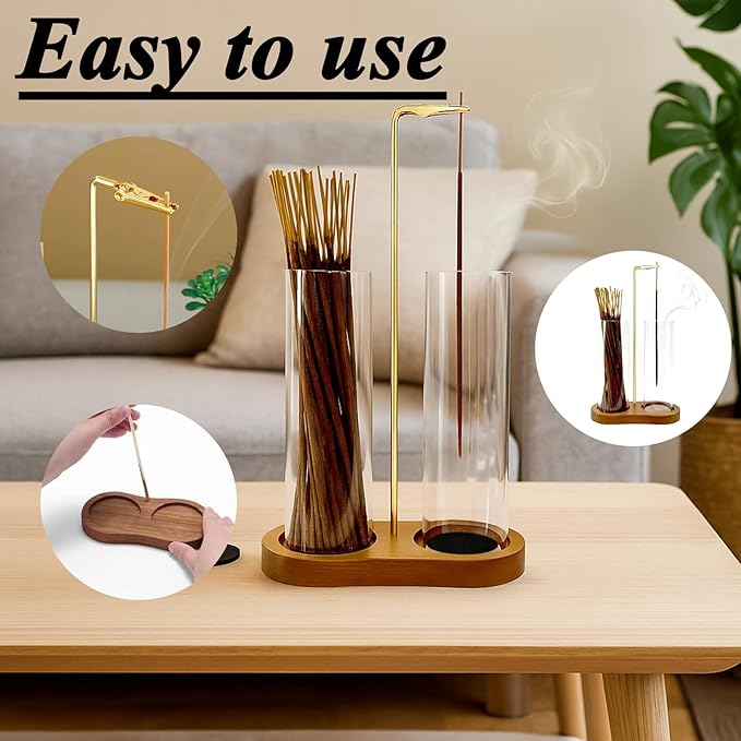 Glass Incense Holder, 2 in 1 Incense Holder for Sticks Incense Burner Holder with Storage & Sticky Pads, Anti-Ash Flying Incense Burne and Organizer Meditation Yoga Spa Room Decor