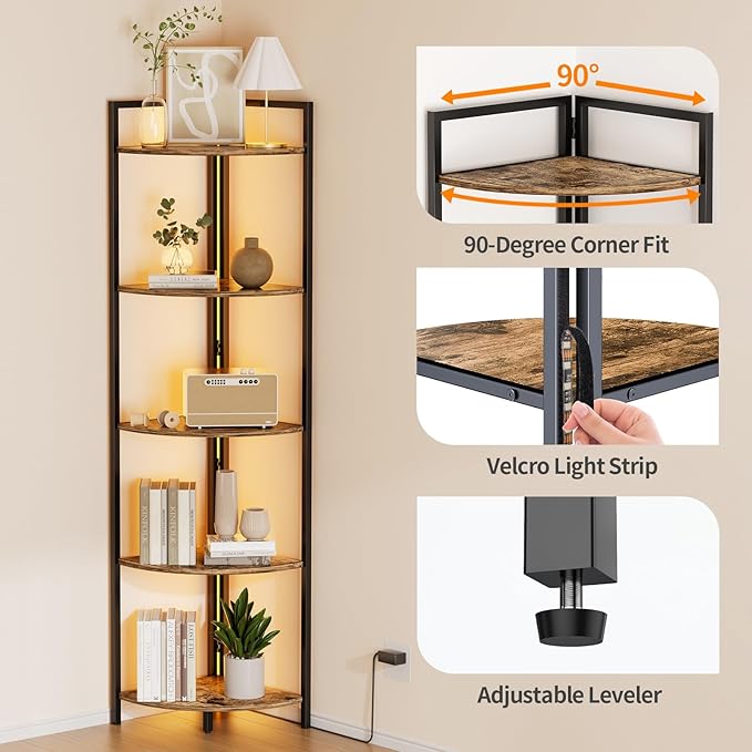 Rustic Tall Corner Shelf with Led Light, 5 Tier Modern Corner Bookshelf for Living Room, Dark Wood and Metal Corner Shelving Unit for Office, Bedroom, Kitchen (Rustic Brown)