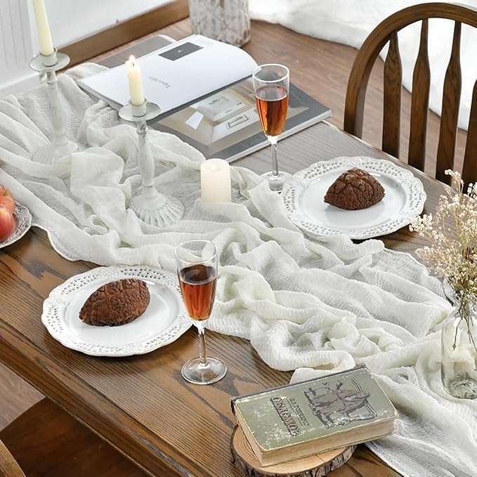 Artoid Mode Boho Cheesecloth Gauze Ivory Wedding Table Runner, 160 Inch Seasonal Fabric Kitchen Dining Holiday Table Decor for Home Party Indoor
