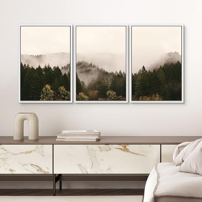 SIGNWIN 3 Piece Framed Canvas Wall Art Brown Foggy Mountains Nature Wilderness Photography Abstract Rustic Canvas Prints Home Artwork Decoration for Living Room,Bedroom - 24"x36"x3 White
