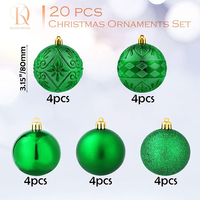 20ct Green Christmas Ball Ornaments Shatterproof Plastic Christmas Tree Decorations for Xmas Party Home Office Holiday Decor -Large Size (3.15", 80mm)