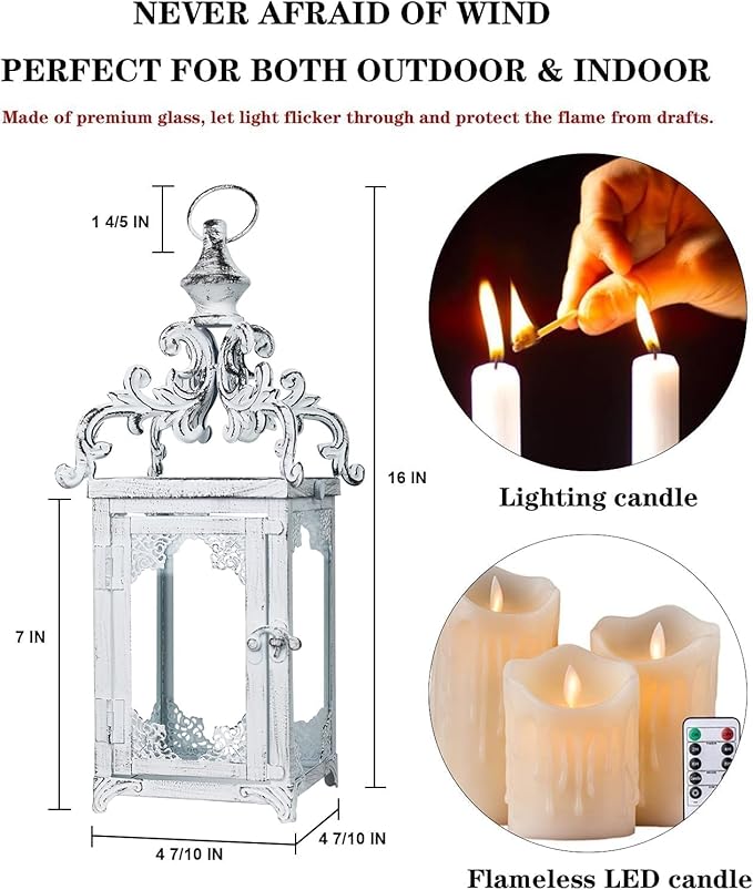 DECORKEY Large Candle Lantern, Decorative Hanging Lantern, Vintage Metal Tabletop Lantern for Outdoor Patio Rustic Home Decor, Candle Holders with Clear Glass (White)