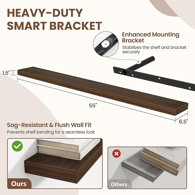 55 Inch Floating Shelves for Wall 1 Pack, 55" Wall Shelves for Books, Storage, Decor, Wall Mounted Floating Shelf with Invisible Brackets for Kitchen, Living Room, Walnut