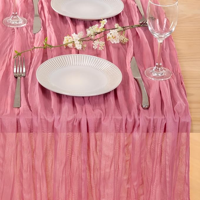 MLMC 3 Pack Mauve Pink Table Runner 10ft Sheer Gauze Spring Cheesecloth Valentines Table Runner Bulk Rustic Cheese Cloth Decor 35x120 Inches for Boho Wedding Bridal Baby Shower Birthday Party Decor