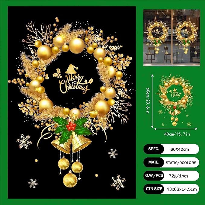 Winter Whole Golden Wreath Clings for Window Large Xmas Wreath Window Stickers Large News Years Decor DIY Static Wall Window Door Mural Showcase Decal Sticker-15.7x23.6 in (1 Pack)