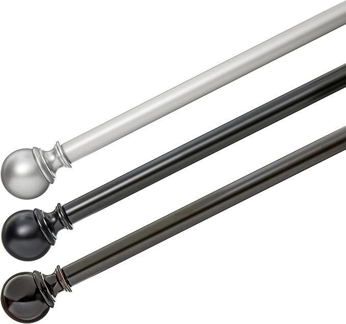 Amazon Basics Adjustable Curtain Rods for Windows, Round Finials, 1-Inch Rod, 36" to 72", Black, Pack of 2