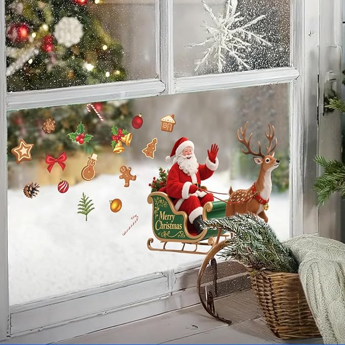 Santa Sleigh Christmas Wall Decals | Peel and Stick Holiday Decorations with Reindeer, Gingerbread & Ornaments – Removable Vinyl Stickers for Winter Wall, Window, Office & Seasonal Displays