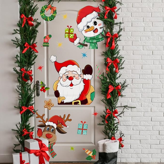 Christmas Door Decals Santa Claus Snowman Reindeer Door Stickers Cute Christmas Decals for Xmas Winter Holiday Living Room Bedroom Decorations
