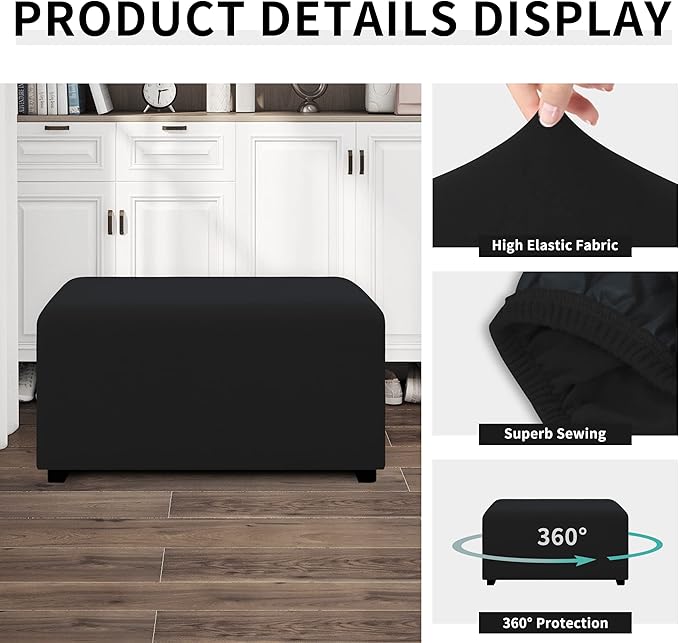 Easy-Going 100% Dual Waterproof Stretch Ottoman Cover Rectangle Folding Storage Stool Furniture Protector Soft Slipcover for Living Room with Elastic Bottom (XX Large, Black)
