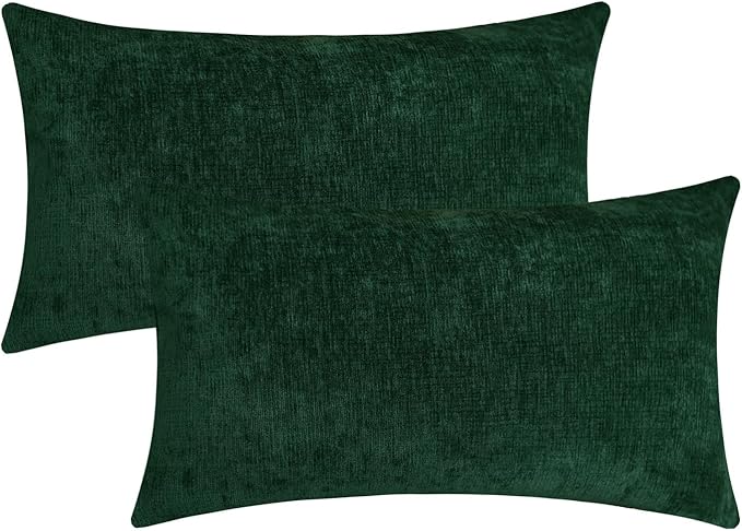 Hunter Green Chenille Decorative Couch Lumbar Throw Pillow Covers, Soft Cushion Cases for Home Livingroom Sofa Décor, Pack of 2, 12 x 20 Inches