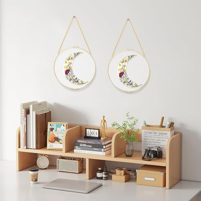 FOCHIER F 2pcs Pressed Flower Frames with Tweezers, Wall Hanging Tabletop Display Double Glass Round Frames with Metal Chain for Pressed Dried Flowers Plants Horizontal and Vertical Picture Frame