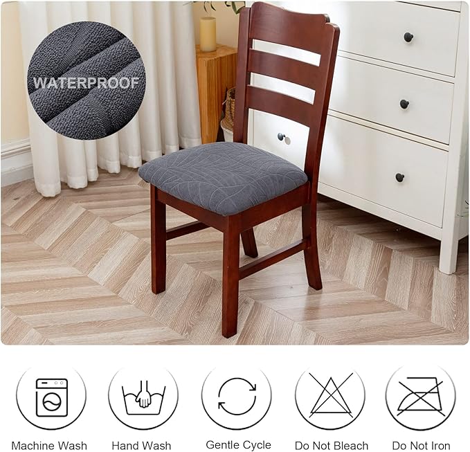 Genina Waterproof Seat Covers for Dining Room Chairs, Stretch Chair Seat Covers Removable Washable Dinning Room Kitchen Chair Cushion Slipcovers (Leaves-Dark Gray, 6 PCS)