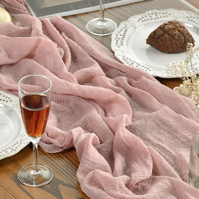 Artoid Mode Boho Cheesecloth Gauze Dusty Pink Wedding Table Runner, 160 Inch Seasonal Fabric Kitchen Dining Holiday Table Decor for Home Party Indoor