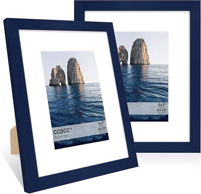 8x10 Picture Frame Set of 2, 8 x 10 Wood Photo Frames with Mat for 5x7, Natural Wooden Frame with Real Glass Cover for Wall and Tabletop Display,Blue
