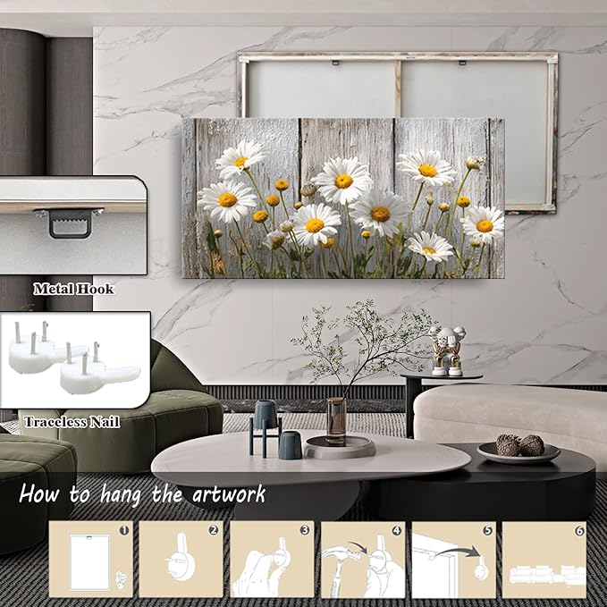 KZKU Rustic Daisy Canvas Wall Art-White Flowers on Weathered Wood Background- Large Modern Farmhouse Decor for Living Room Bedroom 20X40in