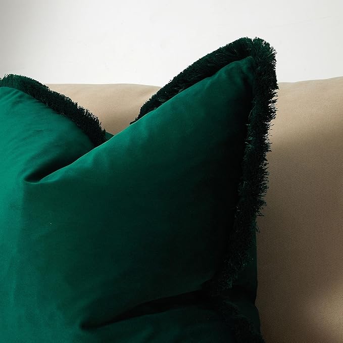 JUSPURBET Forest Green Velvet Throw Pillow Covers 26x26 Inch Set of 2 with Soft Tassel Fringe Luxury Boho Pillowcase for Sofa Couch Bed Home Decor Machine Washable