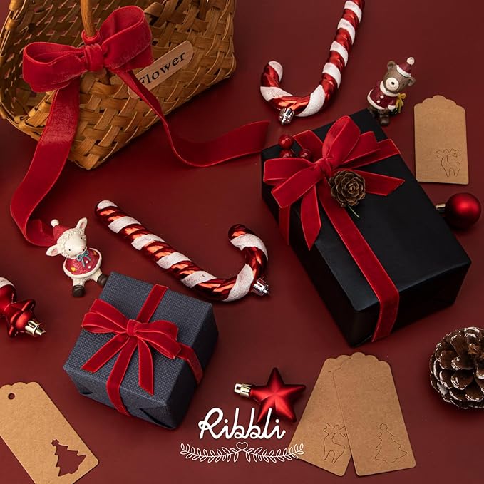 Ribbli Red Velvet Ribbon 3/8 Inches Continuous 25 Yard Spool Red Christmas Ribbon for Gift Wrapping Crafts Home Decor