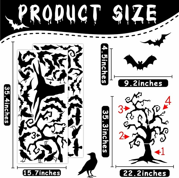 Giant Halloween Window Decals Bats Stickers Halloween Tree Window Stickers Halloweens Wall Decor Decals Peel and Stick Black Crow Branch Vinyl Sticker for Haunted House Party Supplies Windows Decor