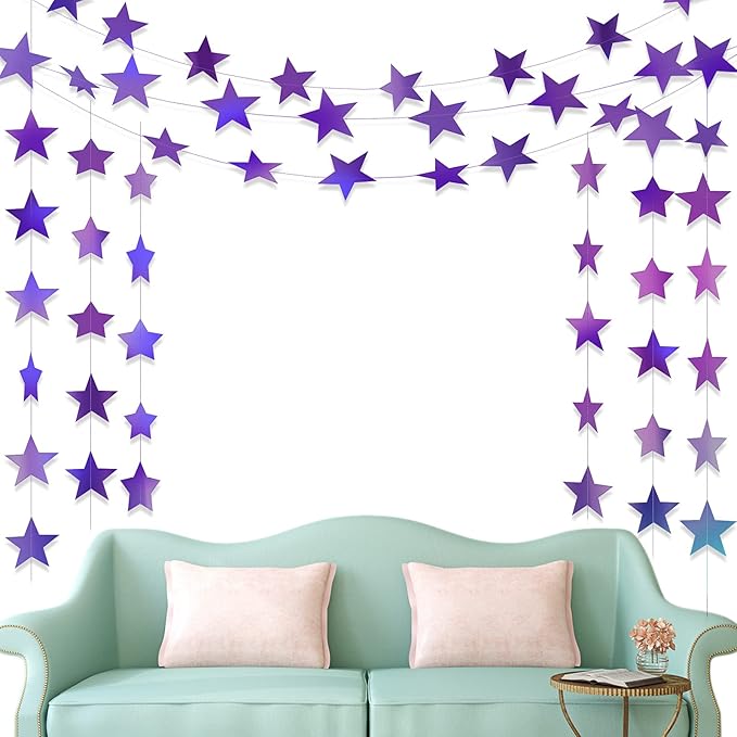 Patelai Glitter Star Garland Banner 2026 New Years Decor 130 Feet Star Hanging Banner Twinkle Backdrop for Birthday Classroom Wedding Christmas Party Supplies(Holographic Purple)