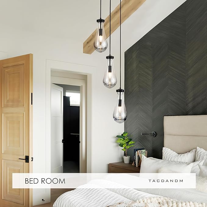 3-Light Raindrop Pendant Light Fixtures, Black Glass Pendant Lighting, Teardrops Modern Hanging Light for Entryway Foyer Kitchen Island Dining Living Room Hallway