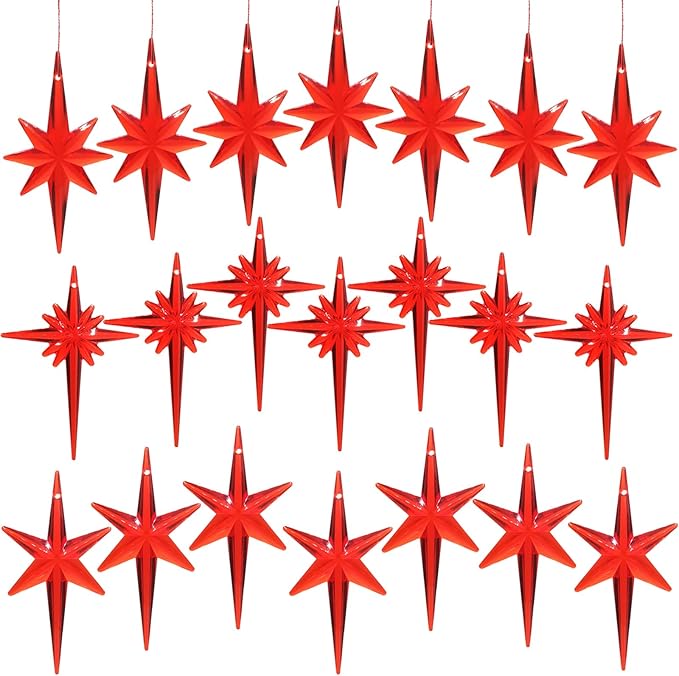 21Pack Star Topper Ornaments for Replacement Ceramic Christmas Tree - Red Plastic Modern Stars Hanging Decor Accessories