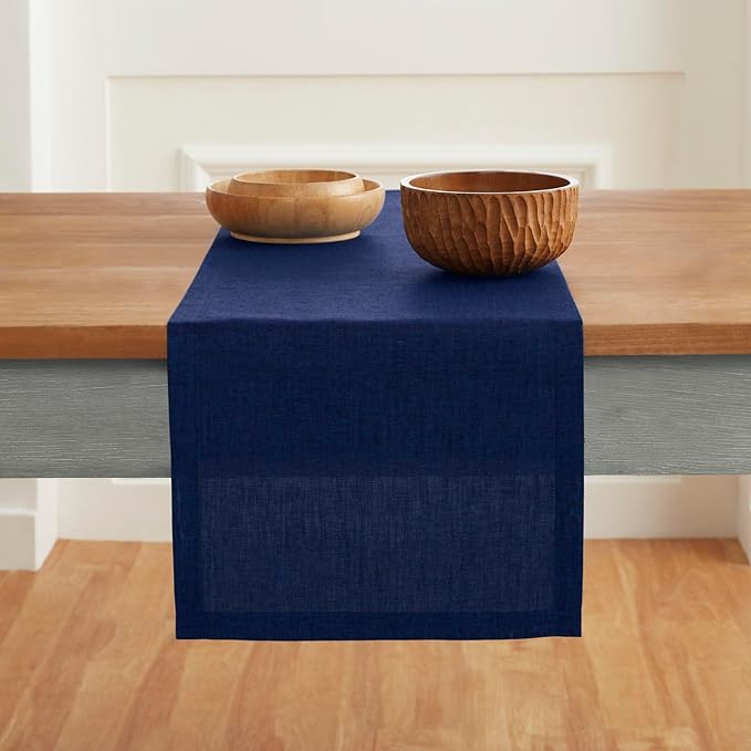 Solino Home Linen Short Table Runner 36 Inches - Athena, 100% Pure Linen Royal Blue Table Runner 14 x 36 Inch Ideal for Dresser and Coffee Tables - Winter