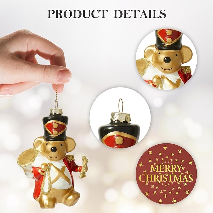 WDS WONDROUS Mouse Ornament Hanging Ball Christmas Decor - 3.14” Cute Animal Glass Ornament, Gold & White Christmas Mouse Decoration, Small Funny Ornaments for Xmas Tree Winter Holiday Decor Party