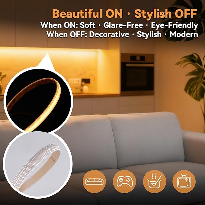 59in USB Fabric COB LED Strip Light, 3000K Warm White, Soft Glare-Free Diffused Glow, Cuttable Flexible Under Cabinet, Pantry, Kitchen & Shelf Lighting