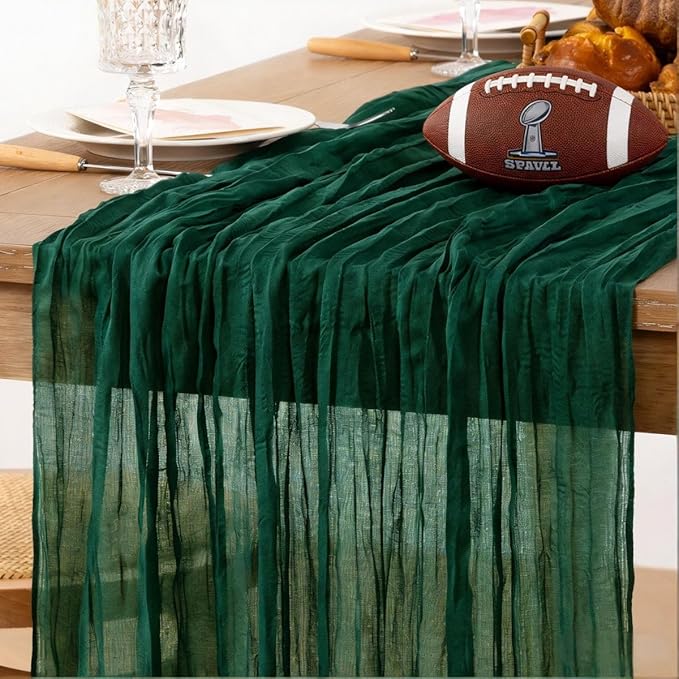 MLMC Emerald Green Table Runner Boho Dark Green Cheesecloth Table Runner 10ft Sheer Gauze Cheese Cloth Decorations for St. Patrick's Day Wedding Bridal Shower Home Party Decor
