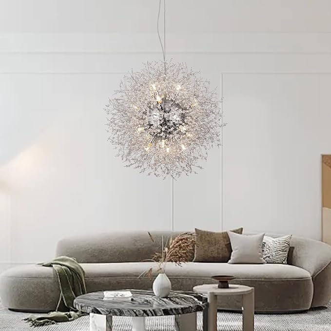 Modern Crystal Chandeliers, Dandelion Beaded Lighting, Sputnik 16-Light Chrome Hanging Lamp, Round Firework Pendant Light for Dining Room Living Room Kitchen Island Bedroom (Chrome, D25.5inch)