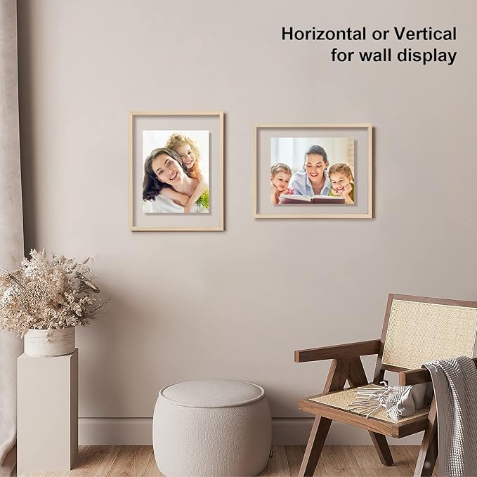 Egofine 11x14 Floating Frames Set of 2, Double Plexiglass Picture Frame, Made of Solid Wood Display Any Size Photo up to 11x14, Wall Mount or Tabletop Standing, Natural Wood