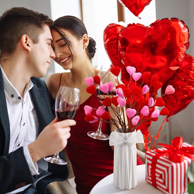 12pcs Valentine's Day Decoration Heart Shaped Artificial Berry Stems Valentines Picks Flower Bouquets Flocked Pink Red Decor for Valentine's Day Home Vase Table Centerpiece Tree Topper