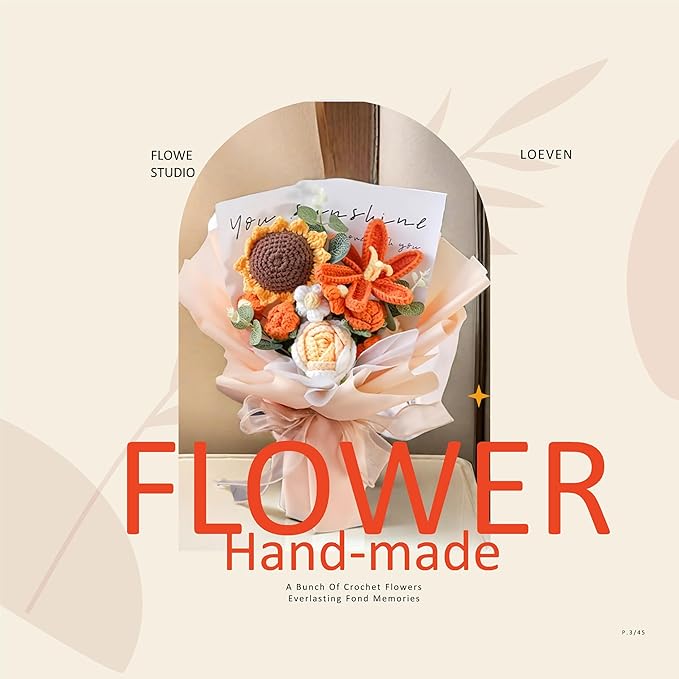 LOEVEN Crochet Flowers, Crochet Flower Bouquet, Crochet Sunflower, Tulip Roses Handmade Knitted Flowers, Carnation, Preserved Flower for Mother's Day, Valentine's Day, Birthday, Graduation (Orange)