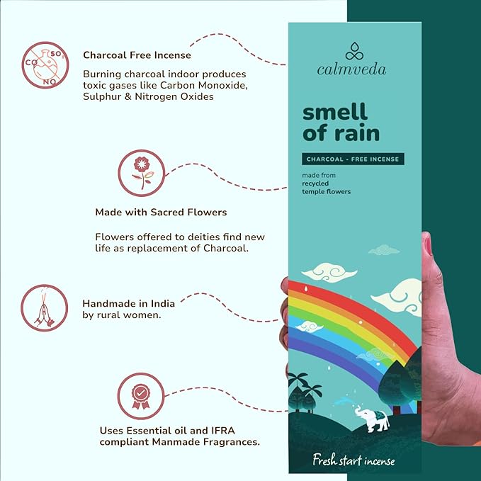 Fresh Rain Incense Sticks - (80 Scent Sticks) Charcoal Free, Made from Upcycled Flowers | Like Petrichor Aroma of Rain Soaked Earth | Relaxing Scents for Meditation Incense