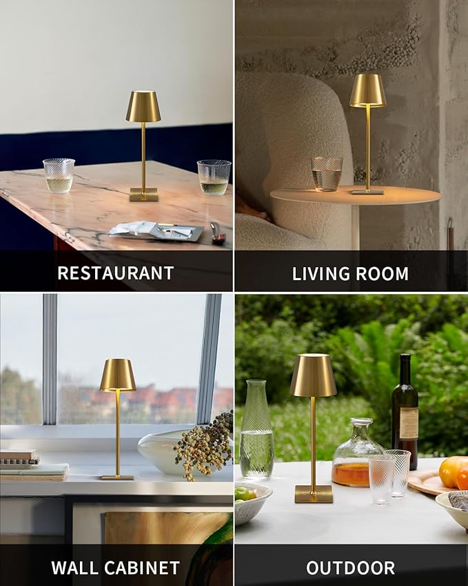 KDG 2 Pack Cordless Table Lamp,Portable LED Desk Lamp, 4000mAh Battery Operated, 3 Color Stepless Dimming Up, for Restaurant/Bedroom/Bars/Outdoor Party/Camping/Coffee Shop Night Light(Gold)