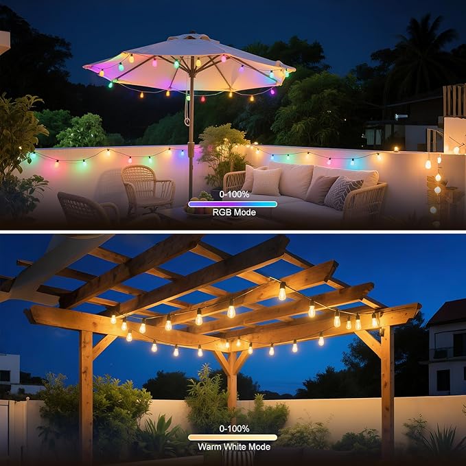Outdoor String Lights 48ft, Patio Lights with 15 Dimmable LED Bulbs, RGBW & Warm White, IP66 Waterproof, Shatterproof, APP & Remote Control, Color Change, Customizable Colors for Backyard Decor