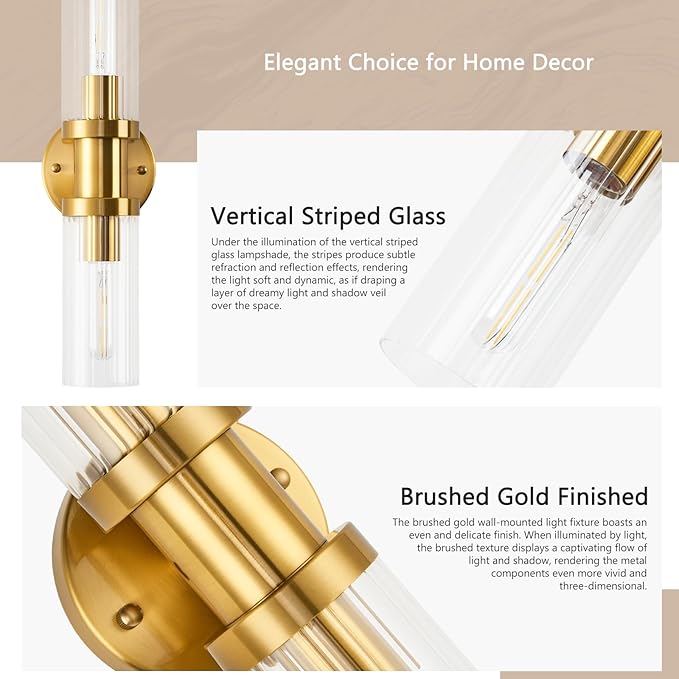 Gold Wall Sconces Set of Two, 18.2 inch Brushed Gold Vanity Light with Stripped Glass Shade, Indoor Wall Lights for Mirror, Bathroom, Kitchen, Living Room（2 Pack）