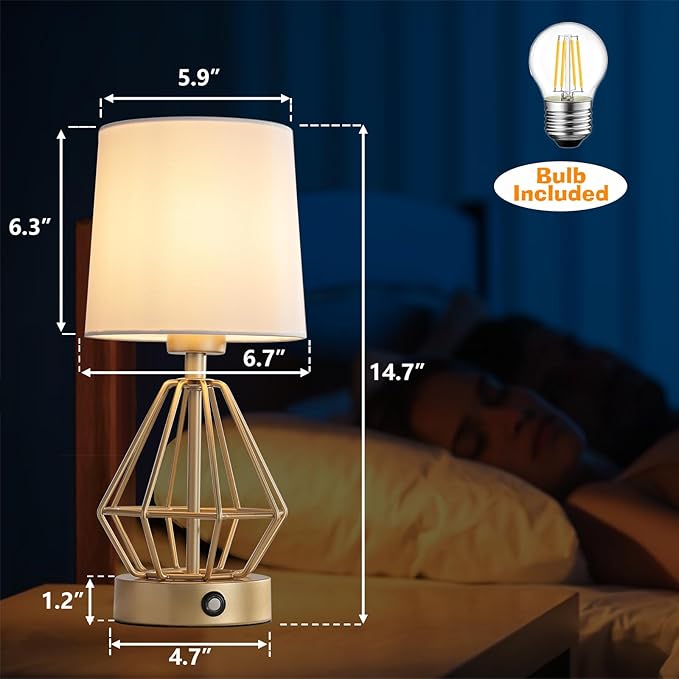 Gold Cordless Lamp Set of 2,Touch Stepless Dimming,8000mAh Rechargeable Battery Table Lamp,Gold Cage Frame Wireless Lamp,White Lampshade,14.7inches Tall