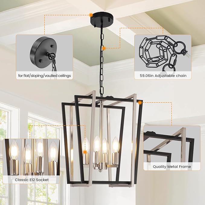 WJShome 4-Light Modern Chandelier, Farmhouse Dining Room Light Fixture Hanging Pendant Lights Kitchen Island, Black and Silver Lantern Pendant Light, Adjustable Height Entryway Chandeliers