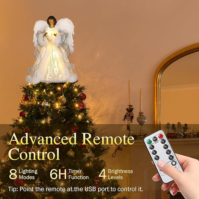 12.5" Black Angel Christmas Tree Topper with Lights, Lighted Angel Tree Topper with White Feather Wings and Star Light, Remote Control, Timer & USB Powered for Holiday Party Decor
