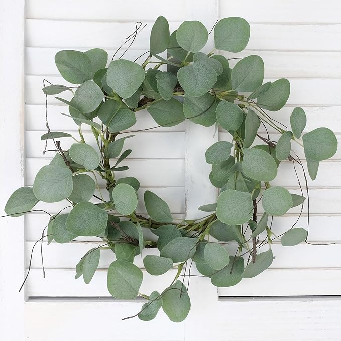 idyllic Eucalyptus Leaves Wreath Metal Polyester Green Wreath 14 Inches for The Front Door Décor, 4 Pack