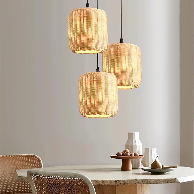 TeruTeru Ji Kaikang 3-Pack Mini Rattan Pendant Light,7.87" Rustic Bamboo Hanging Light Hand-Woven Rattan Chandelier for Dining Living Bedroom Kitchen Farmhouse